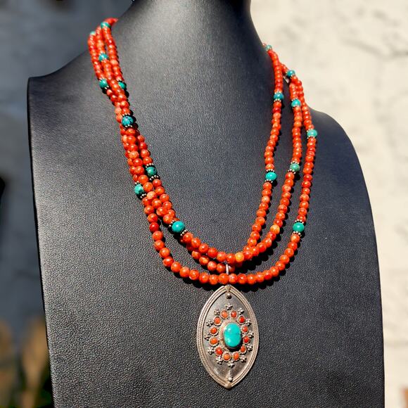 Paige Wallace Jewelry - Paige Wallace Necklace Red Sponge Coral Turquoise 925 Sterling Silver 3 Strand